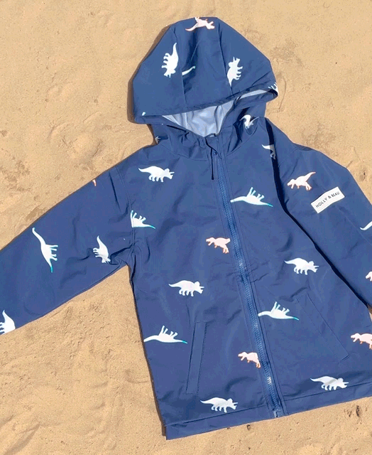 Colour changing kids raincoat in dinosaur design gif. Toddler boys raincoat. Fun boys gift, kids rainwear. gif