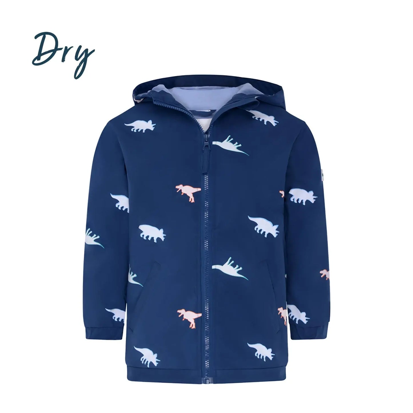Kids dinosaur colour changing raincoat by Holly and Beau. Front view showing the dry colour changing dinosaur raincoat