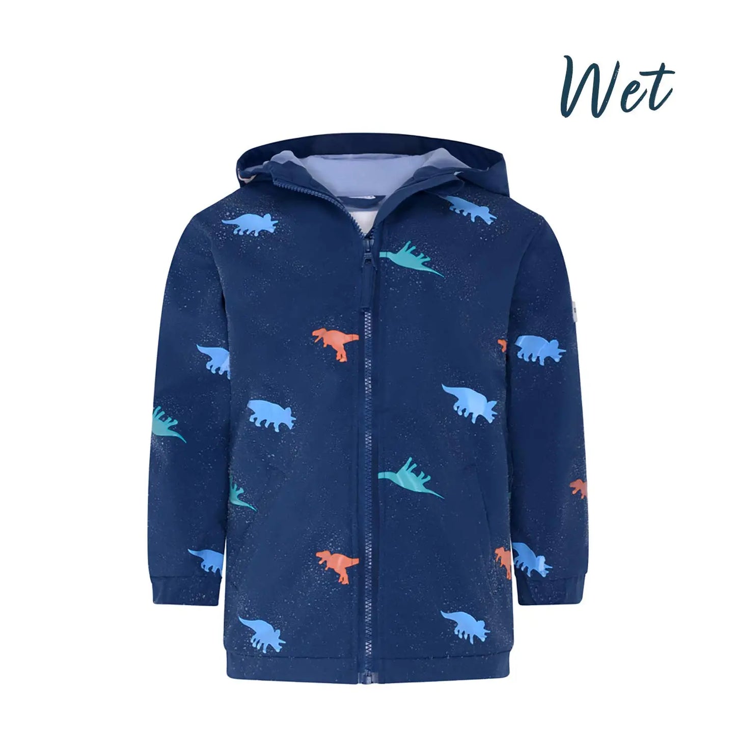 Kids dinosaur colour changing raincoat by Holly and Beau. Front view showing the wet colour changing dinosaur raincoat