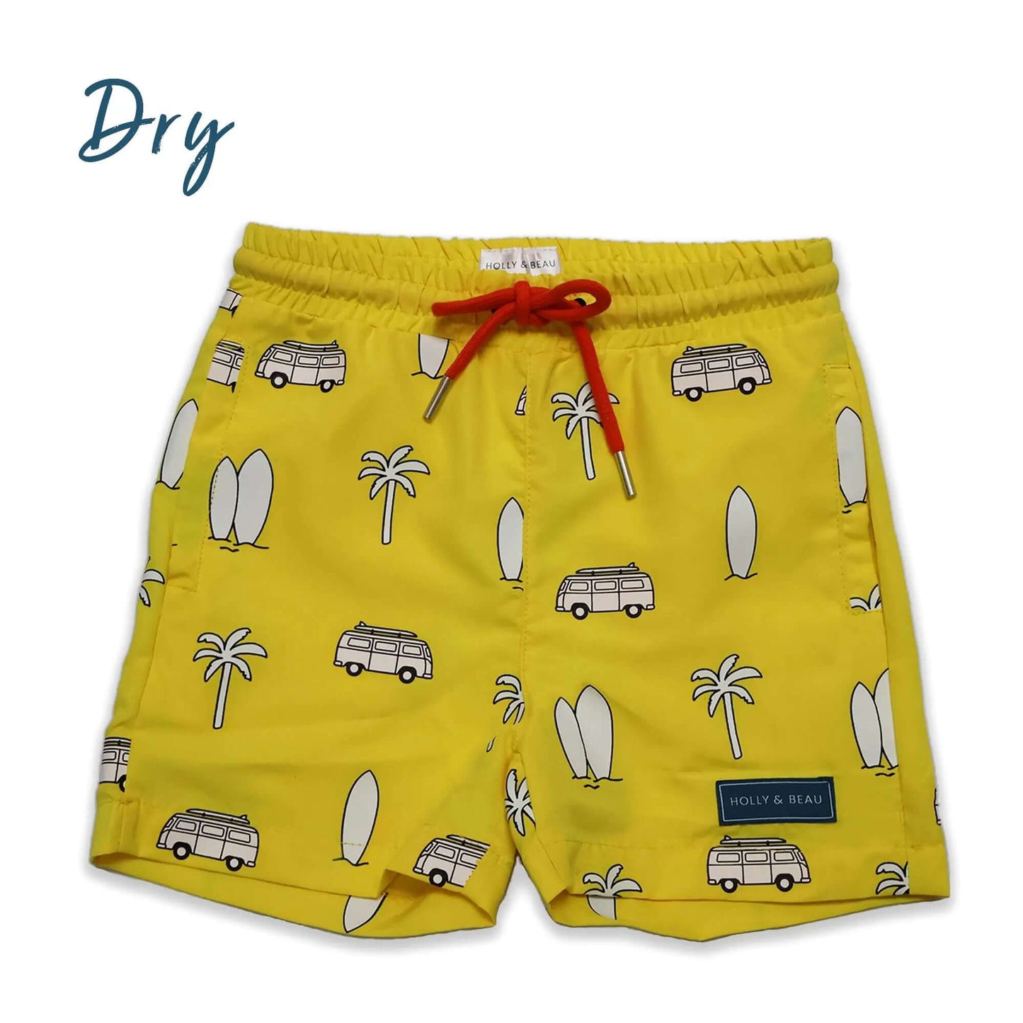 Holly and Beau Yellow surfboards boys colour changing swim trunks Dry front view before colour change