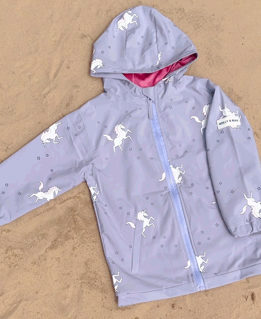 Holly and Beau Colour changing kids raincoat unicorn raincoat design gif. Toddler girls raincoat.