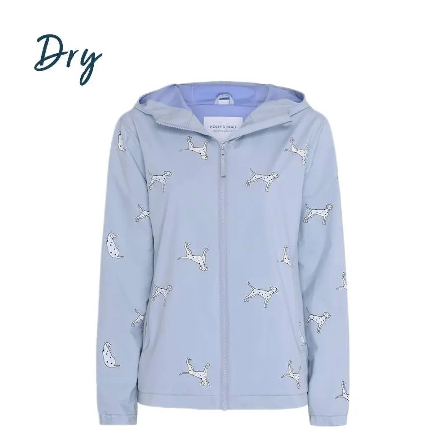 Holly and Beau womens colour changing raincoat dalmatian design dry before colour change