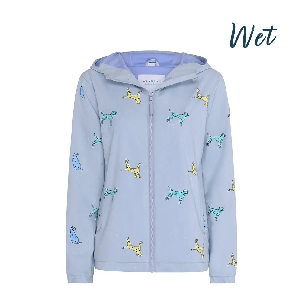Holly and Beau womens colour changing raincoat dalmatian design after colour change