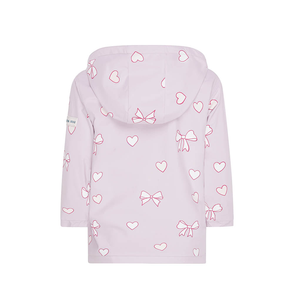 Holly and Beau Back view dry colour changing kids raincoat in the pink bows and hearts design