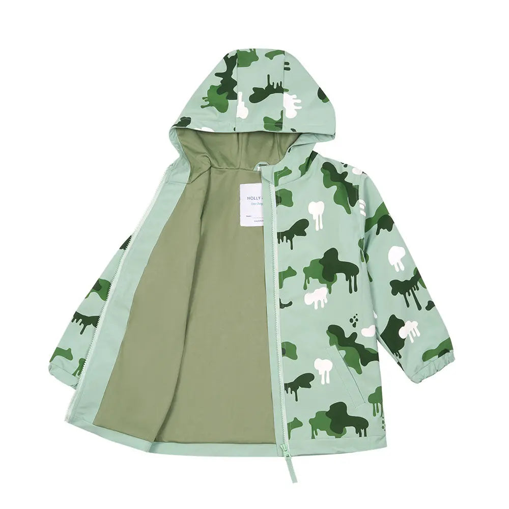 Holly and Beau Lining view kids green colour changing camouflage raincoat