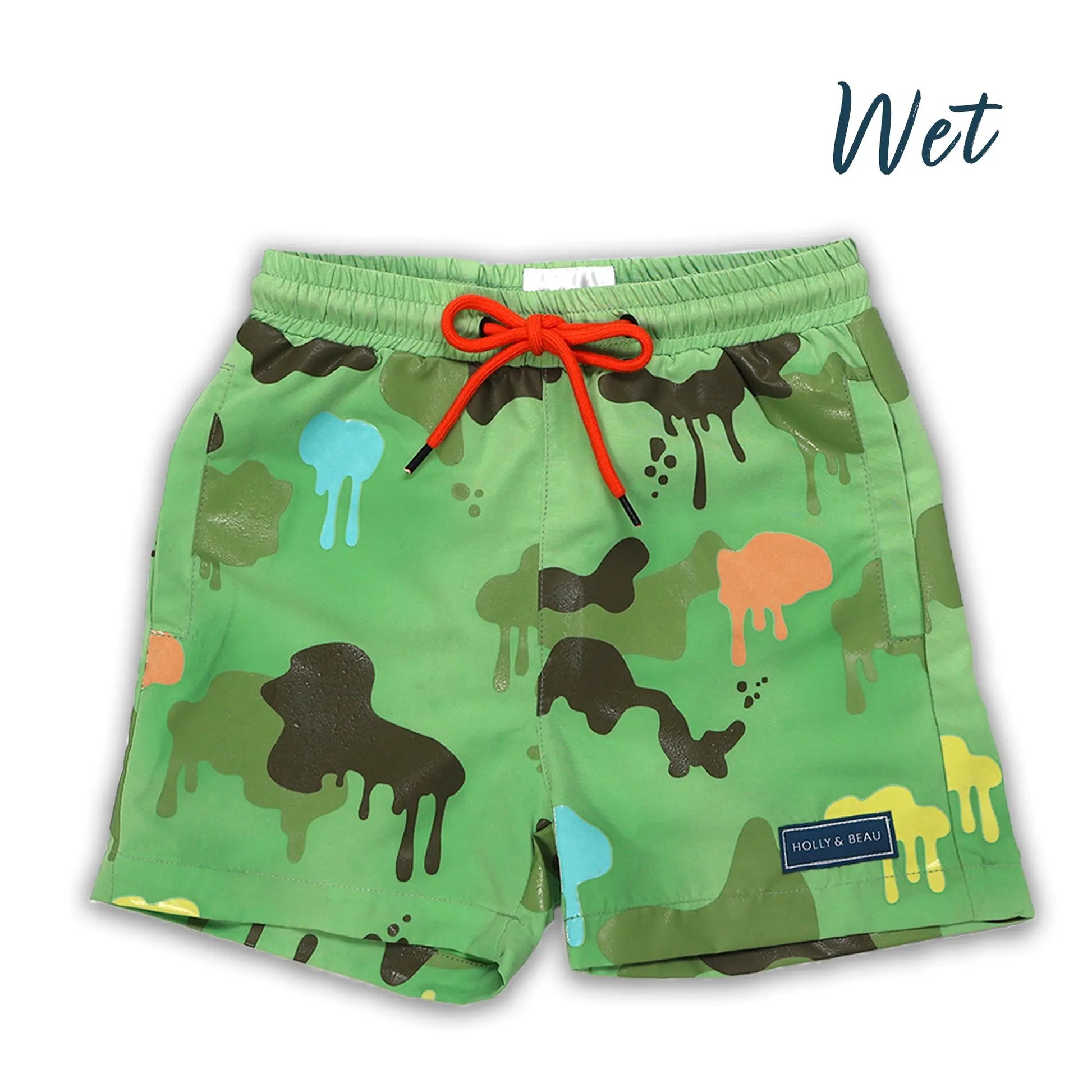 Green swim shorts with Camouflage pattern and orange drawstring on a white background