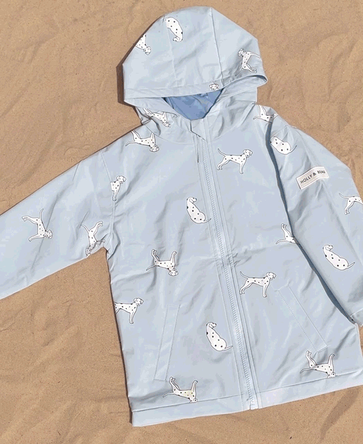 Holly and Beau Magical colour changing gif Kids dalmatian design colour changing raincoat