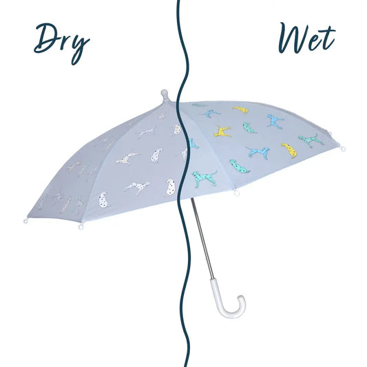 Kids light blue dalmatian colour changing umbrella by Holly and Beau. Above view of the kids colour changing umbrella with a wet/dry comparison. Stick kids colour changing umbrella.