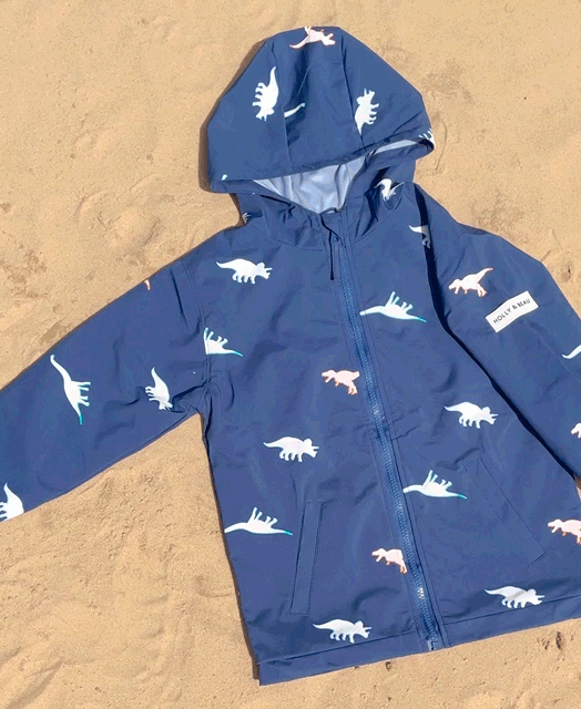 Colour changing kids raincoat in dinosaur design. Toddler boys raincoat. Fun boys gift, kids rainwear. gif