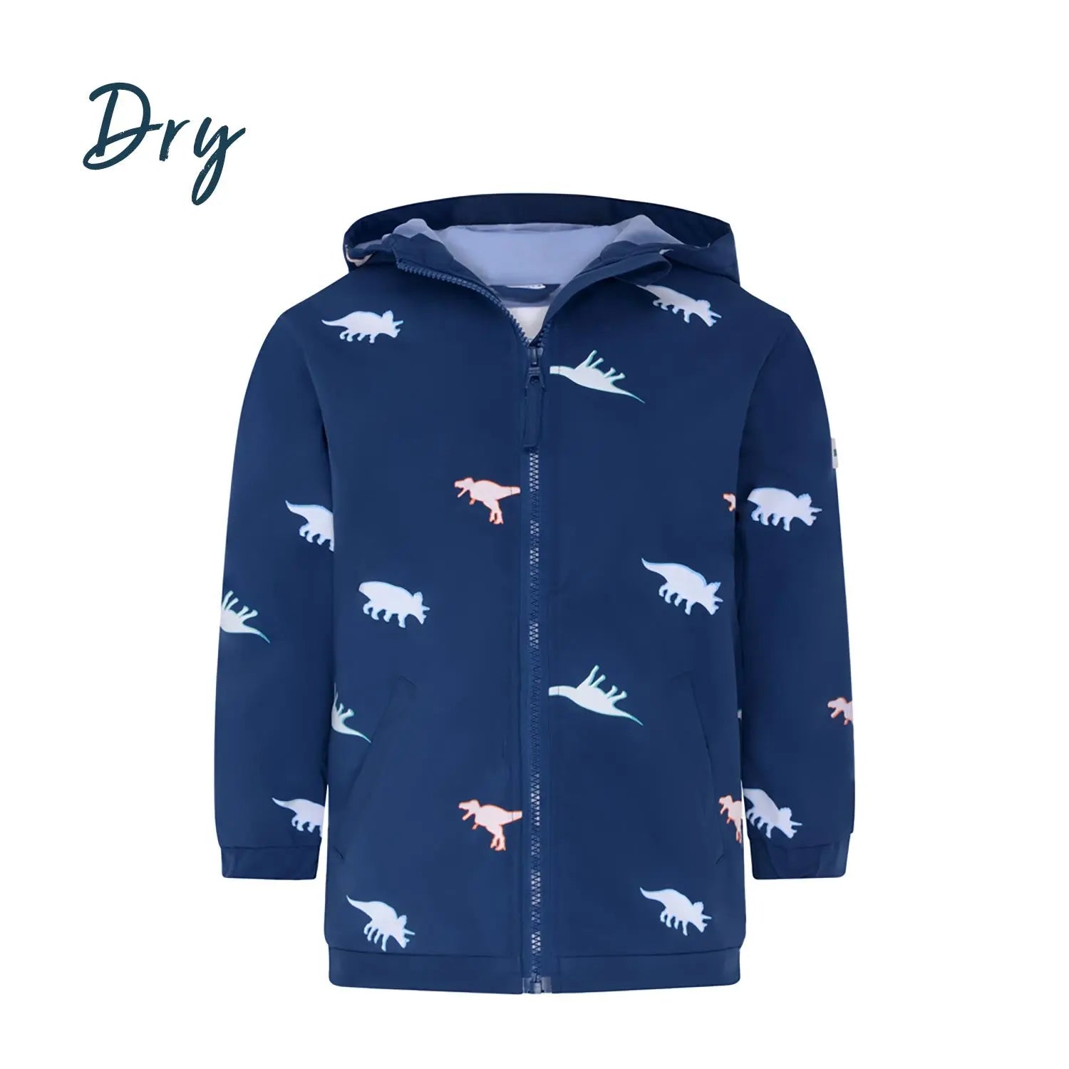Kids dinosaur colour changing raincoat by Holly and Beau. Front view showing the dry colour changing dinosaur raincoat