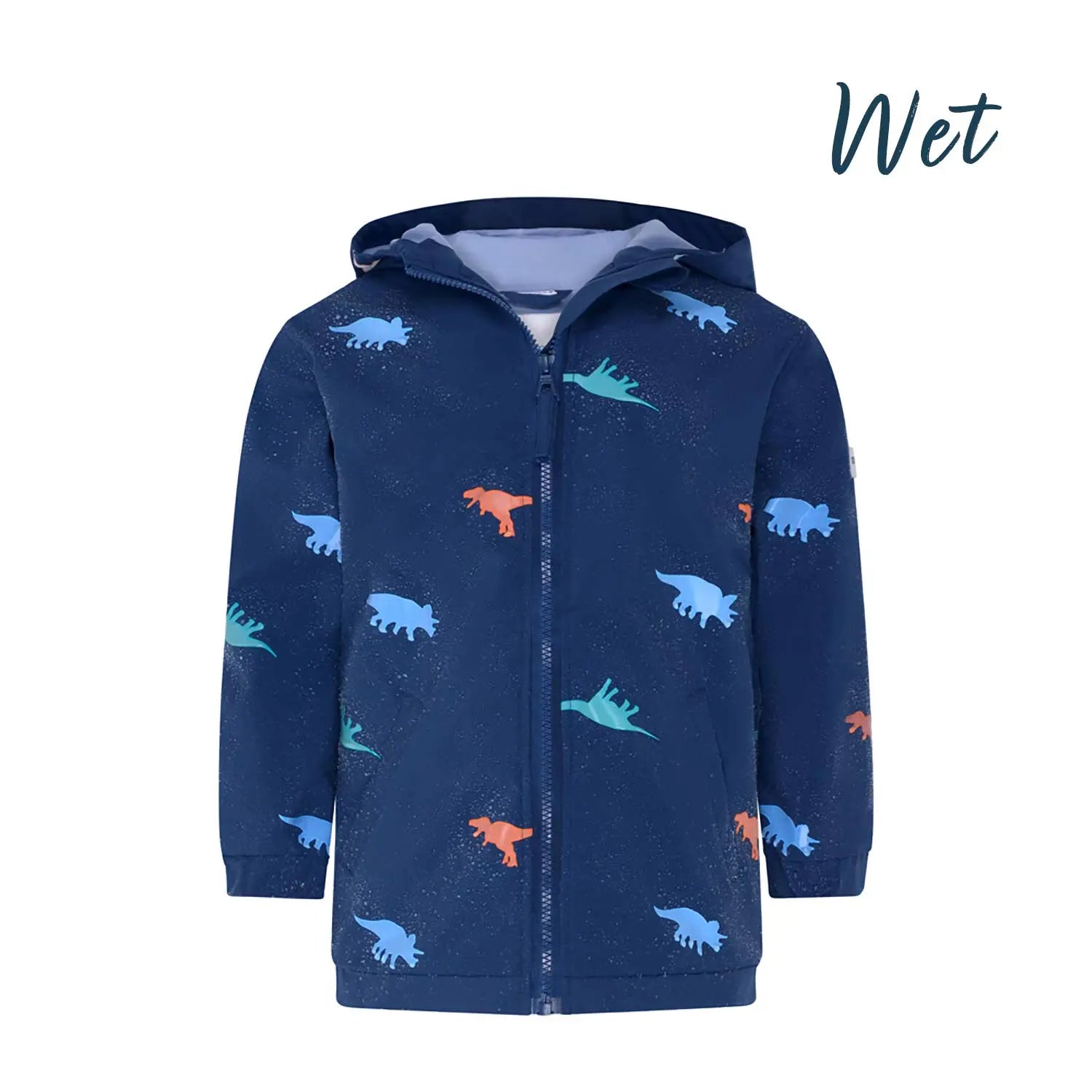 Kids dinosaur colour changing raincoat by Holly and Beau. Front view showing the wet colour changing dinosaur raincoat