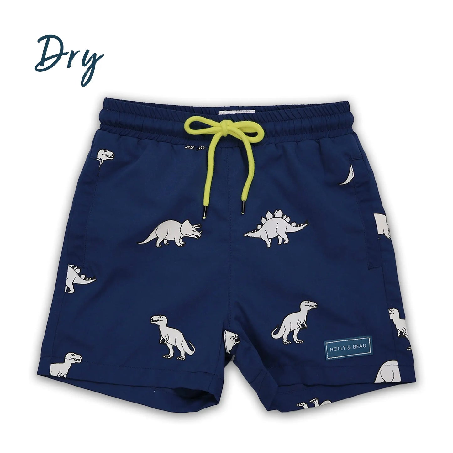 Navy blue shorts with dinosaur pattern and yellow drawstring on a white background