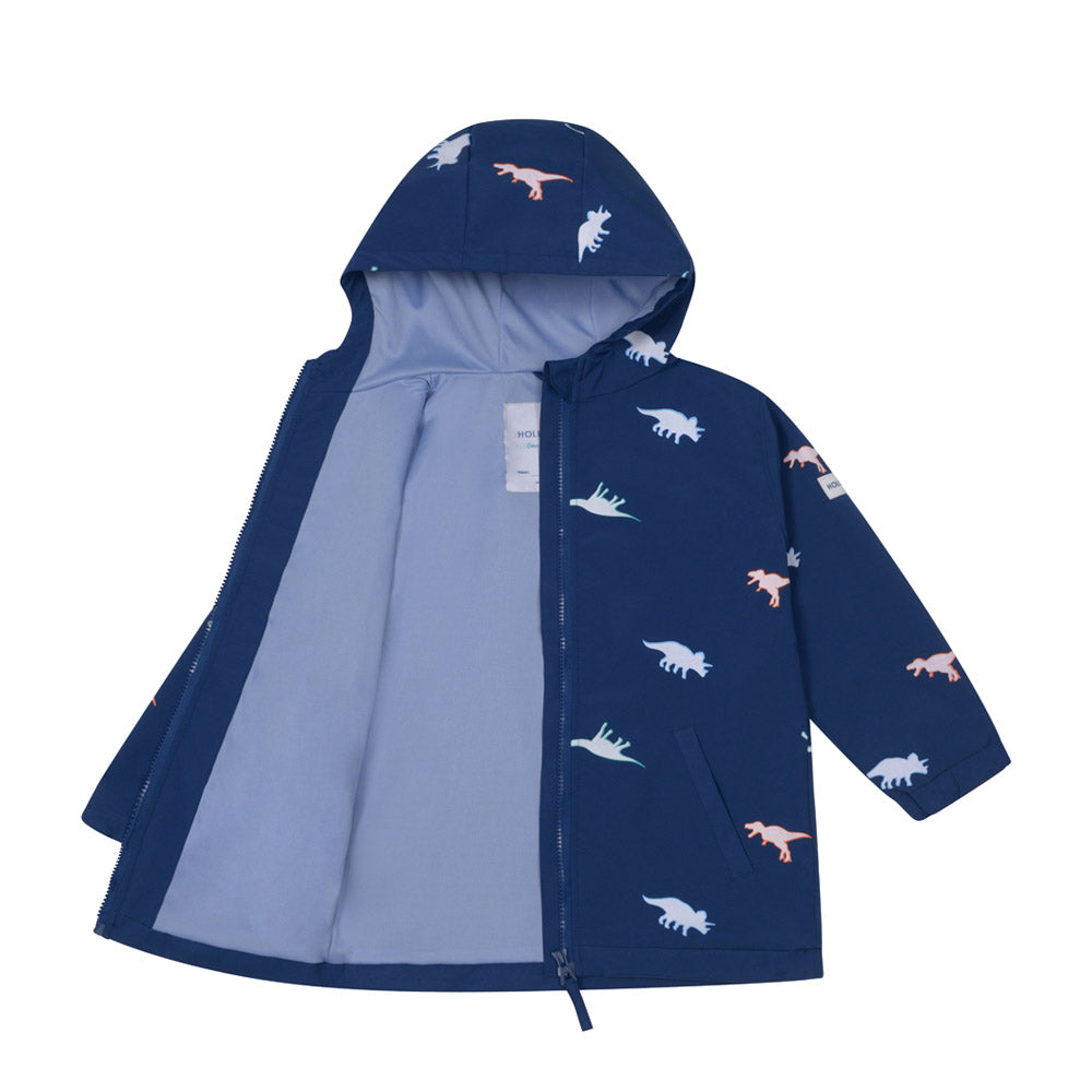 Kids dinosaur colour changing raincoat by Holly and Beau. Front view showing the dry and lining of the colour changing raincoat. Lining is recycled polyester fabric.