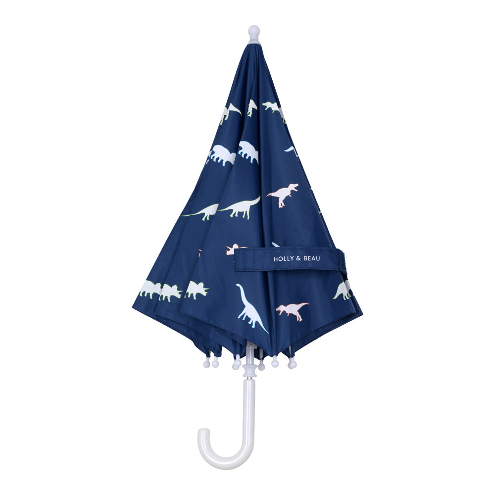 Holly and Beau dinosaur colour changing umbrella. Folded stick kids colour changing umbrella.
