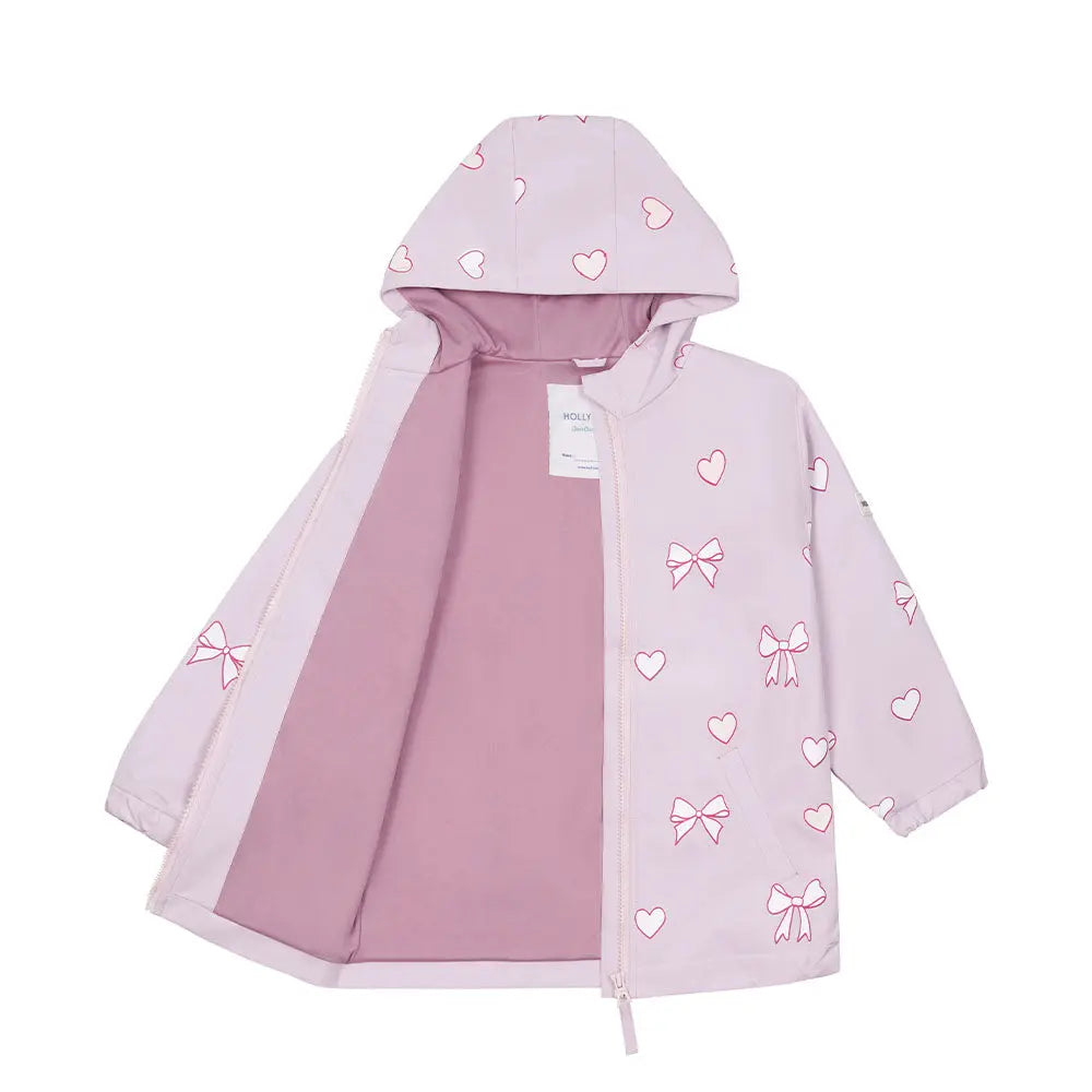 Inside lining of the pink bows and hearts colour changing raincoat by Holly and Beau