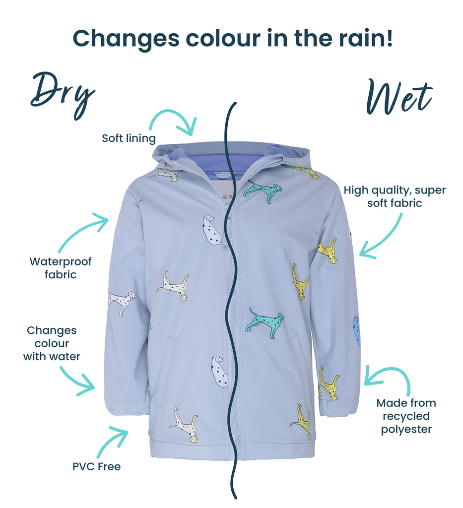 Holly and Beau colour changing raincoat. Dalmatian design with key feature, PVC free, extra soft high quality fabrics, waterproof