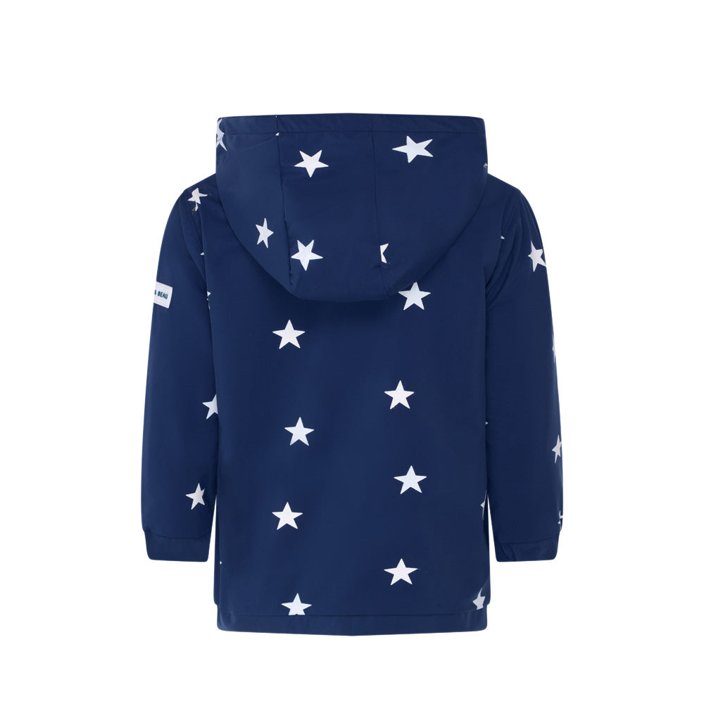 Blue star kids colour changing raincoat by Holly and Beau. Back view showing the dry colour changing raincoat.