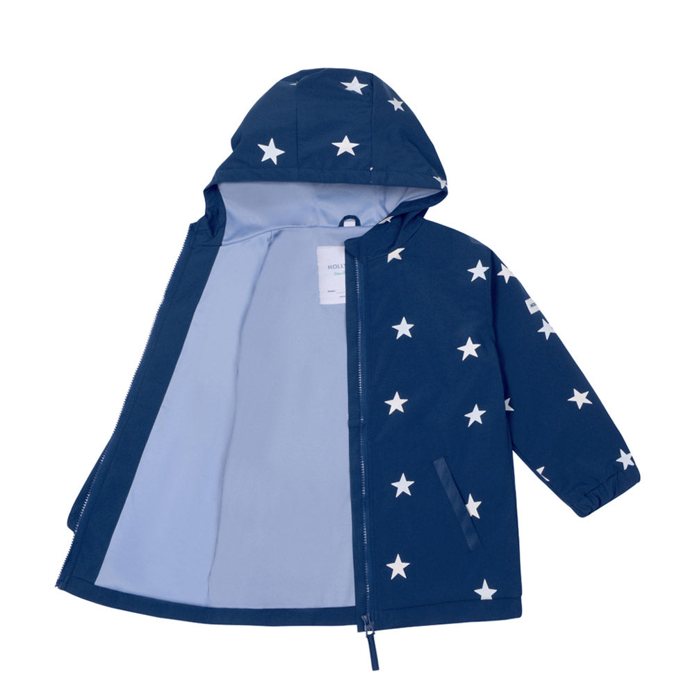 Blue star kids colour changing raincoat by Holly and Beau. Front view showing the dry raincoat and side inside lining colour changing raincoat. Lining fabric is recycled polyester.