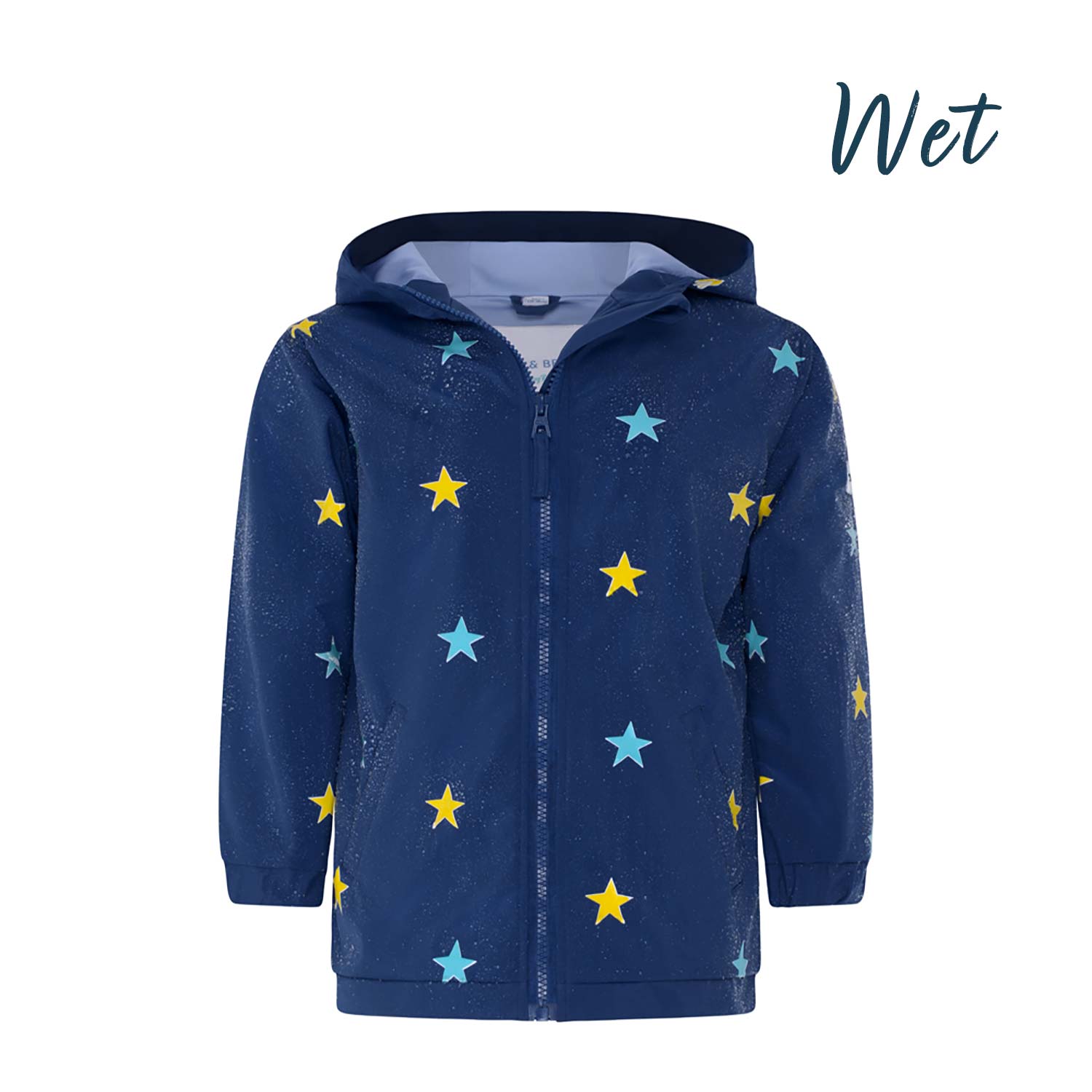 Blue star kids colour changing raincoat by Holly and Beau. Front view showing the wet colour changing raincoat.