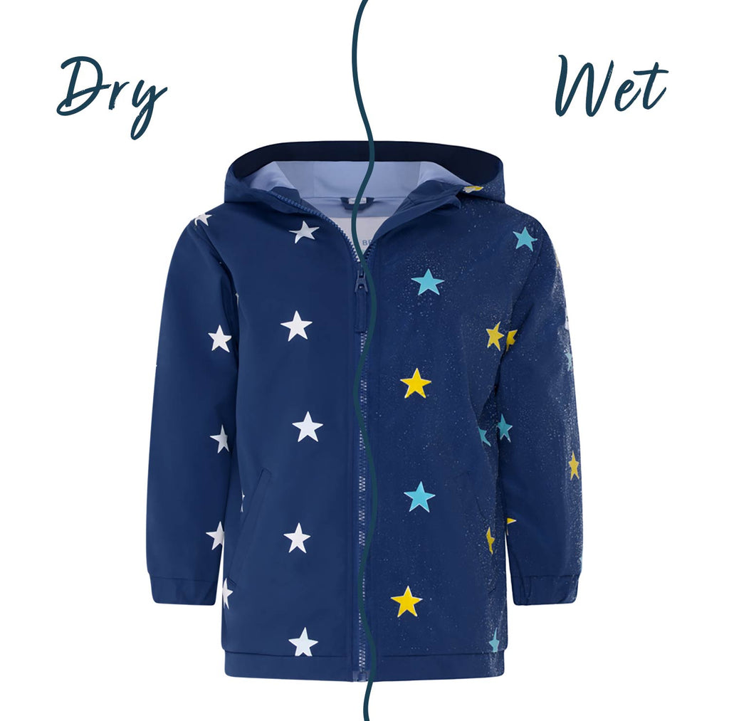 Holly and Beau kids colour changing raincoat in blue star design. Front view showing the wet and dry colour changing.