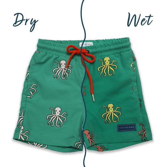 Holly and Beau Front wet and dry colour changing octopus swim shorts