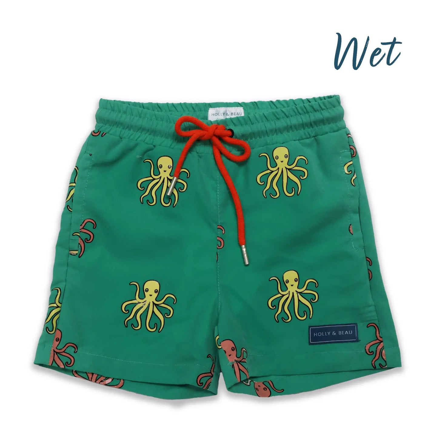 Holly and Beau Front wet colour changing octopus swim shorts