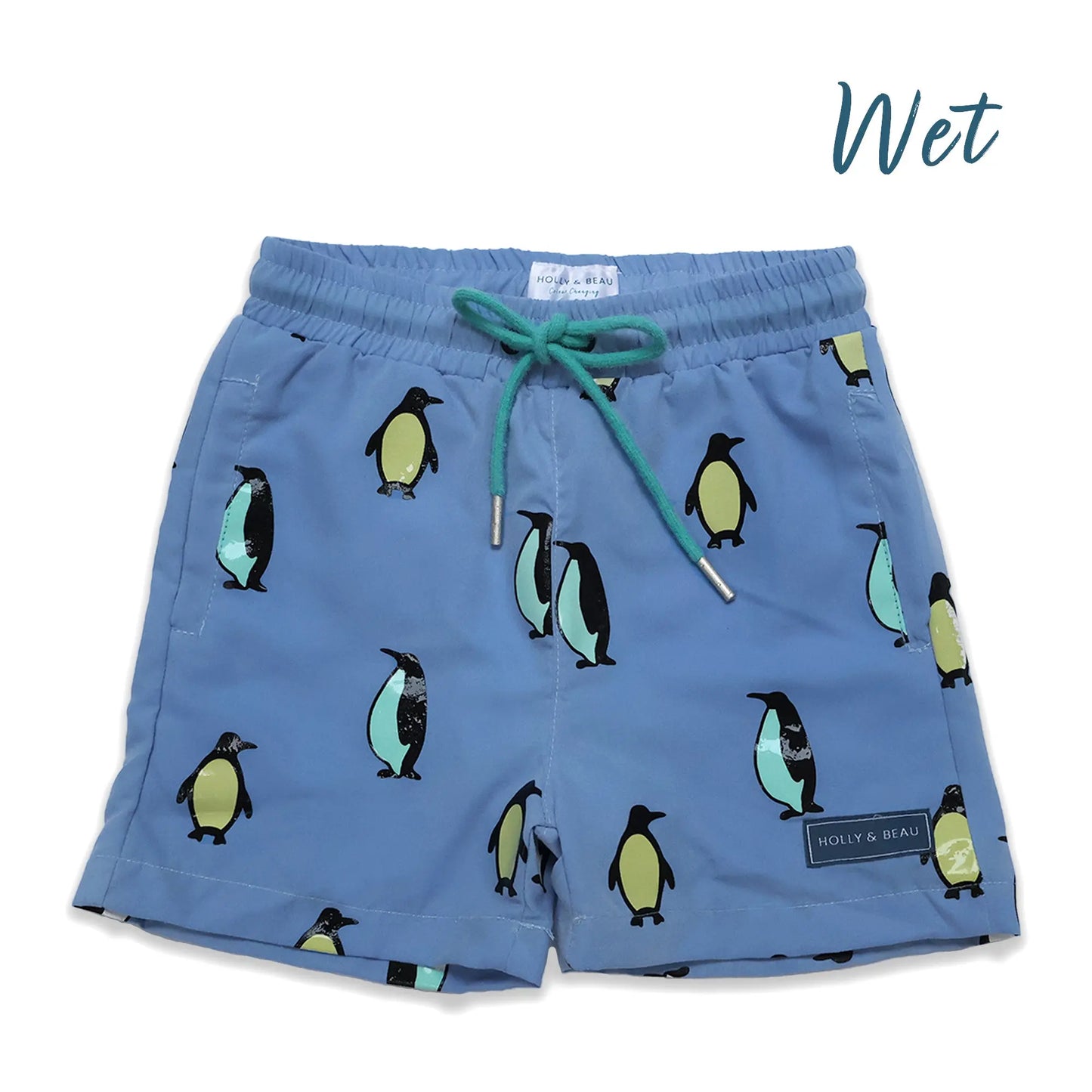 Holly and Beau light blue penguin boys colour changing swim shorts. Wet front view