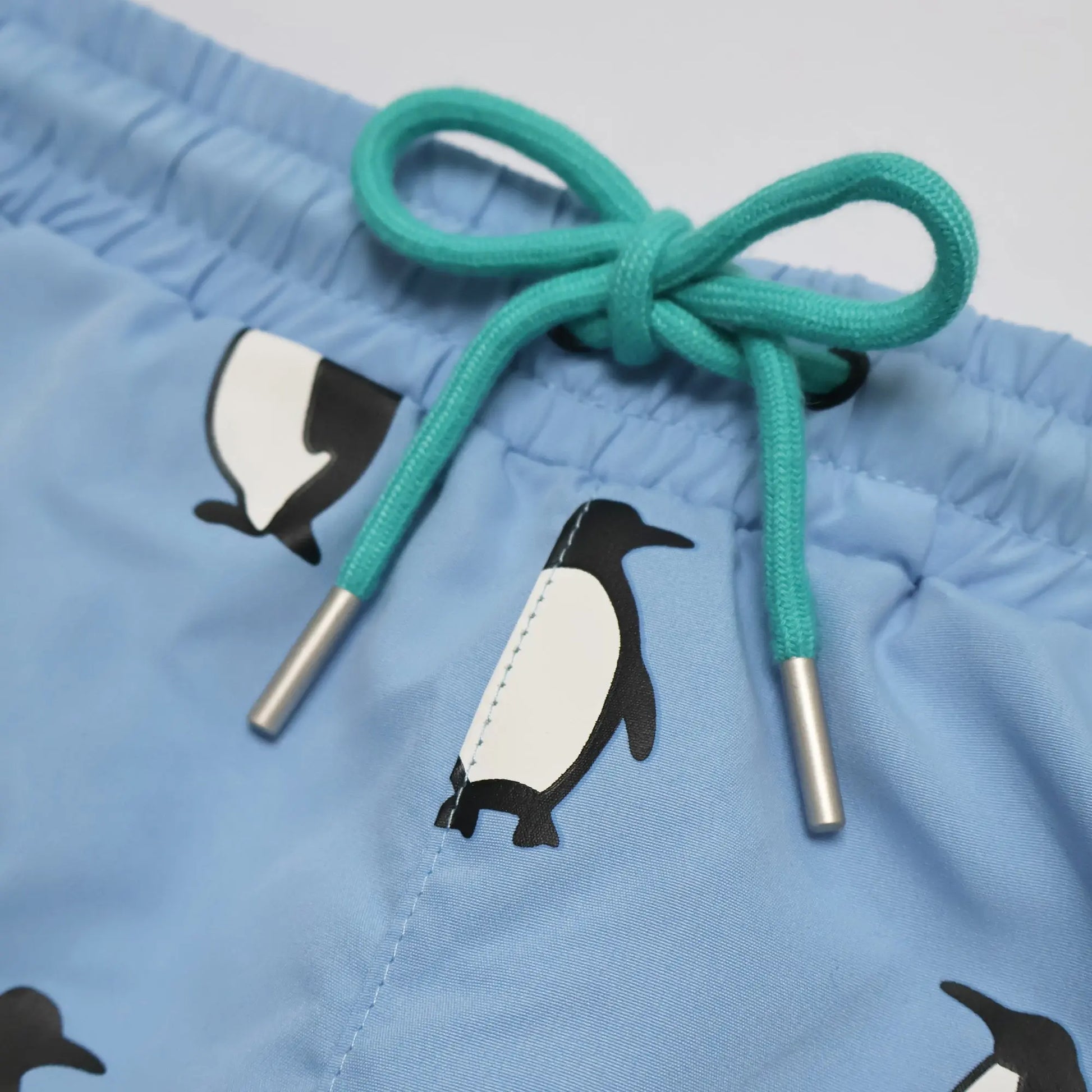 Holly and Beau light blue penguin boys colour changing swim shorts. Front detail drawstring