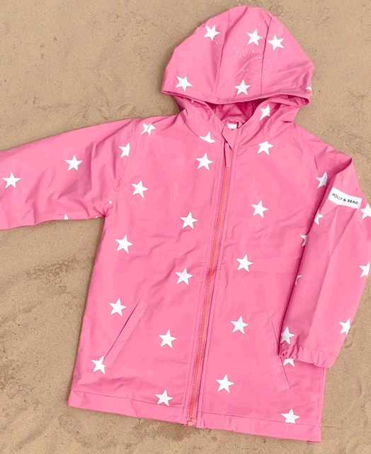 Colour changing kids raincoat in pink star design. Toddler girls raincoat. Fun girls gift, kids rainwear. gif