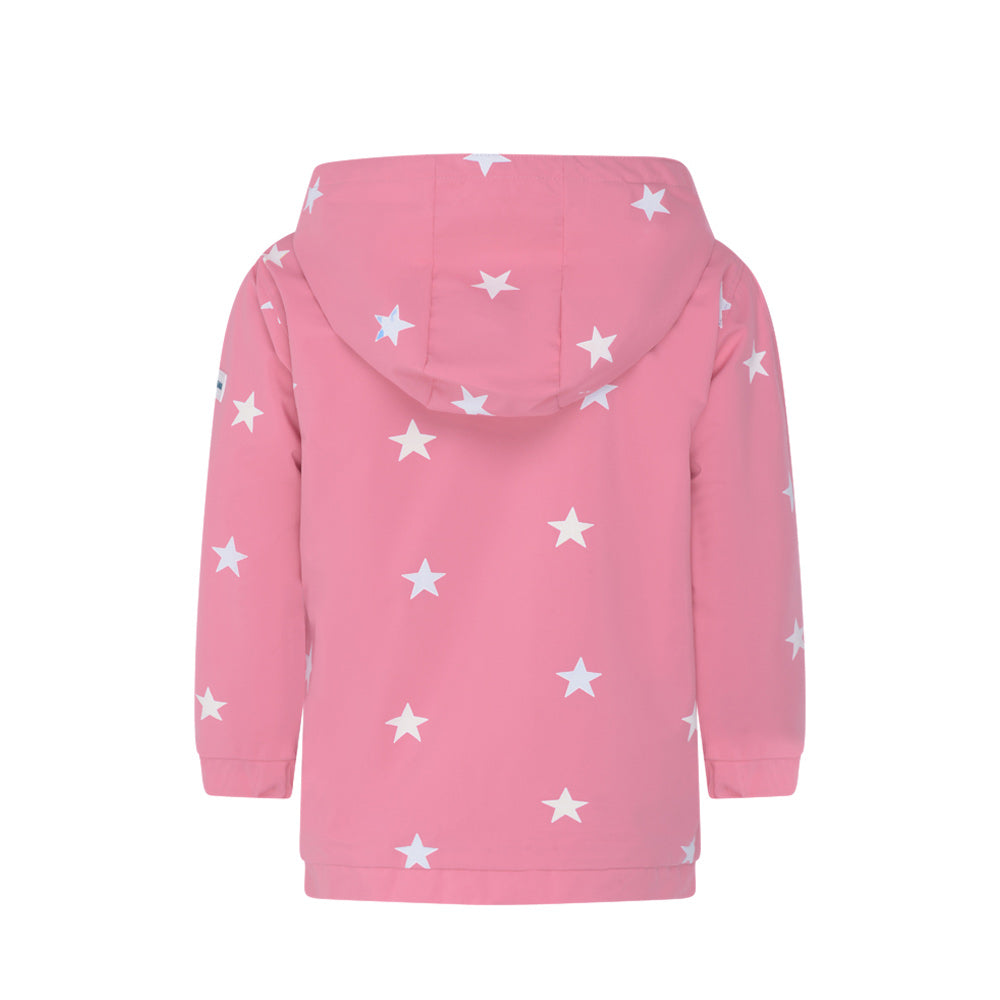 Girls colour changing pink star raincoat by Holly and Beau. Back dry view of the colour changing raincoat.