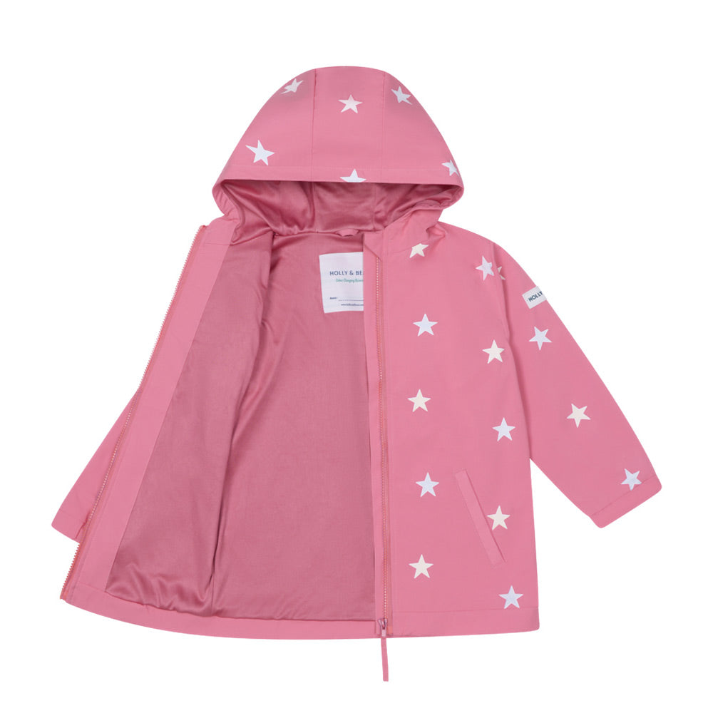 Girls colour changing pink star raincoat by Holly and Beau. Front and inside view of the colour changing raincoat. Soft polyester lining.