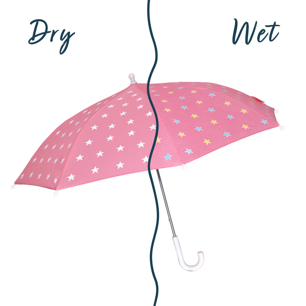 kids pink star colour changing umbrella by Holly and Beau. Side view of the umbrella with a wet/dry comparison. Stick kids colour changing umbrella.