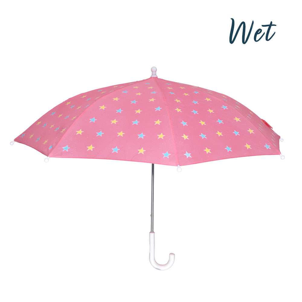 kids pink star colour changing umbrella by Holly and Beau. Side view of the colour changing umbrella with a wet view after colour change. Stick kids colour changing umbrella.