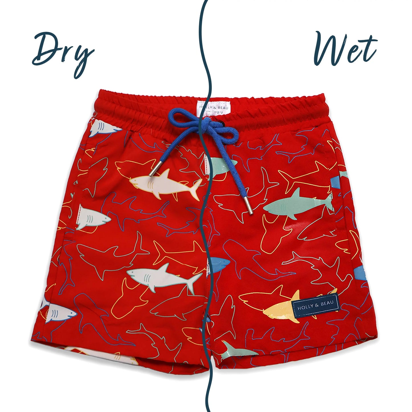 Holly and Beau Red sharks boys colour changing swim shorts. Wet and dry front view