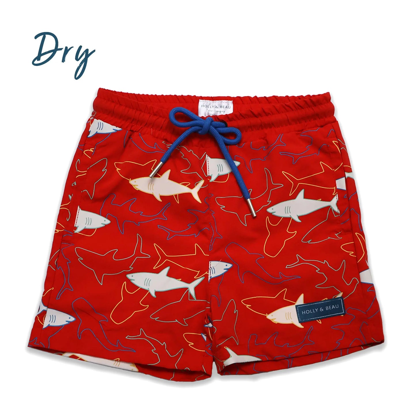 Holly and Beau Red sharks boys colour changing swim shorts. Dry front view