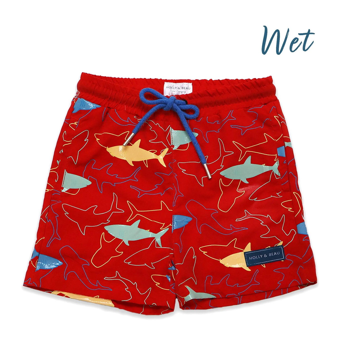 Holly and Beau Red sharks boys colour changing swim shorts. Wet front view