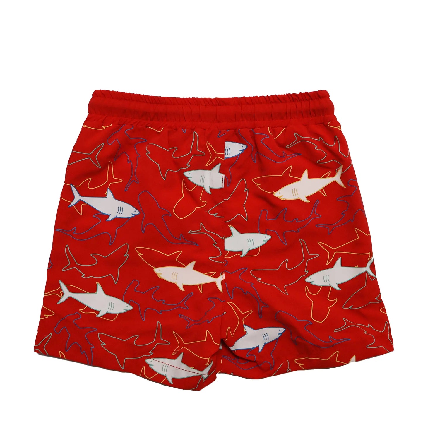 Holly and Beau Red sharks boys colour changing swim shorts. Dry back view