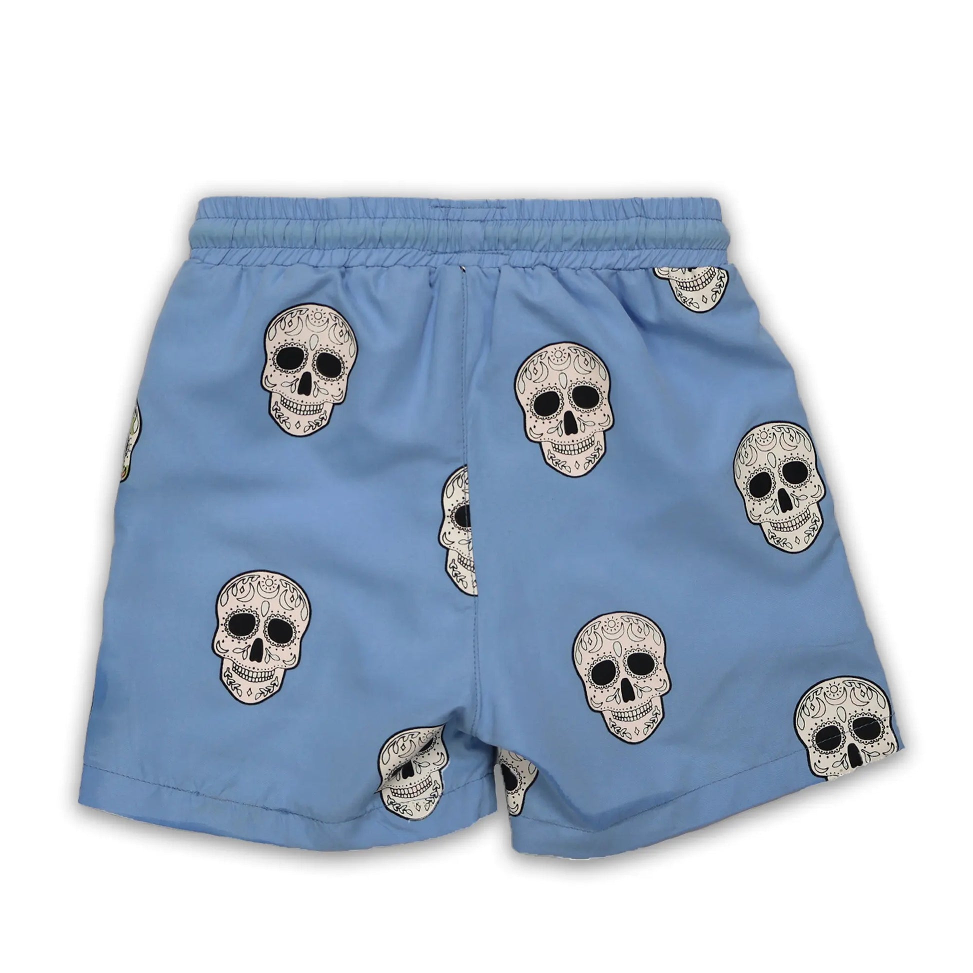 Blue shorts with skull pattern on a white background, back view