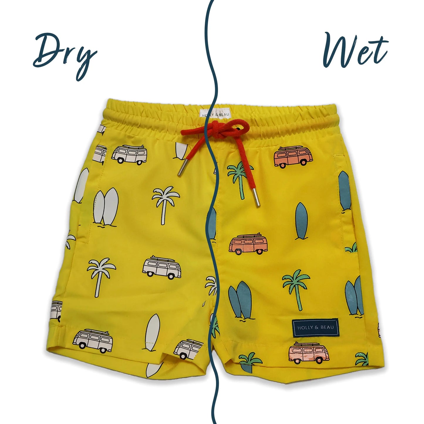 Holly and Beau Yellow surfboards boys colour changing swim shorts. Wet and dry front view