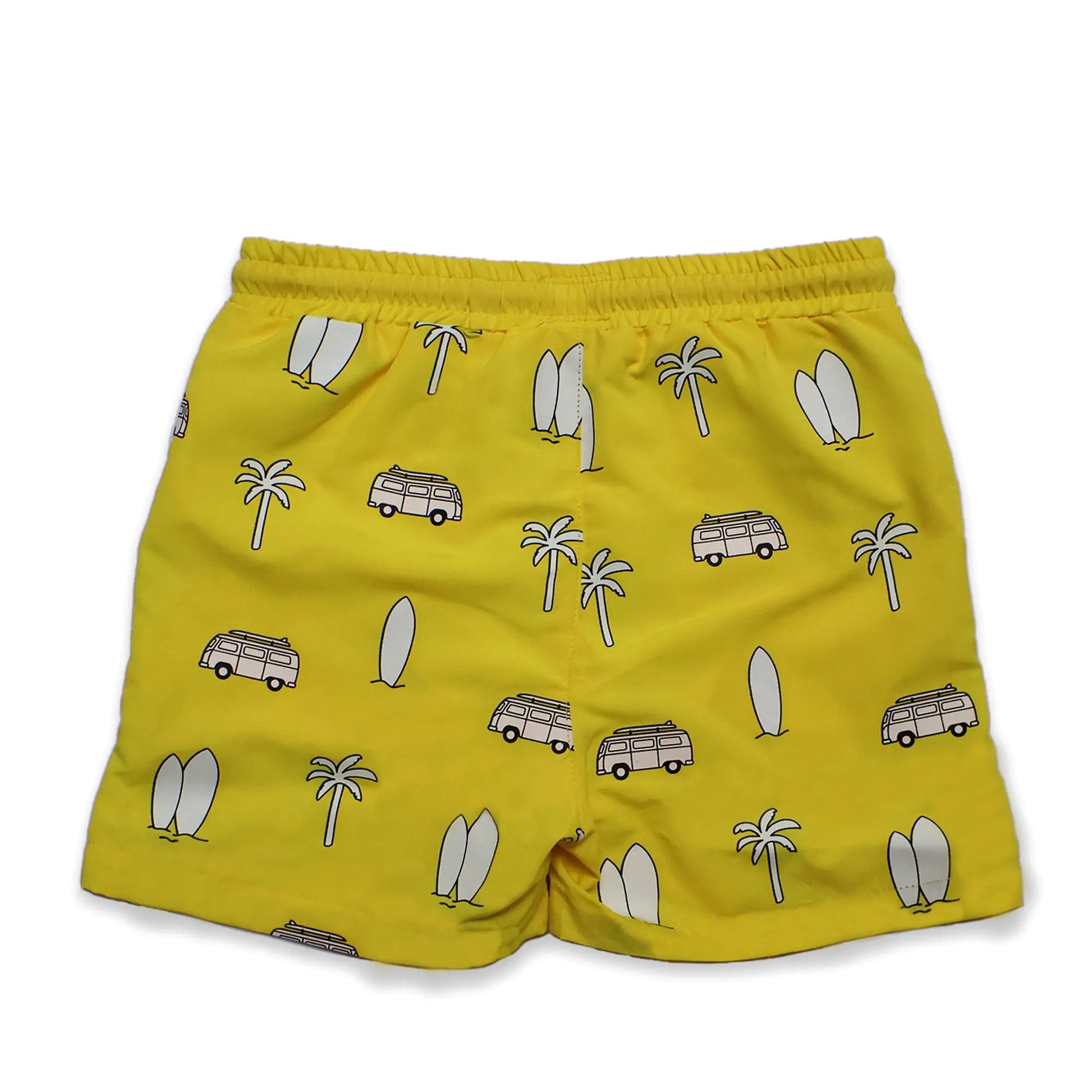 Holly and Beau Yellow surfboards boys colour changing swim shorts Back view