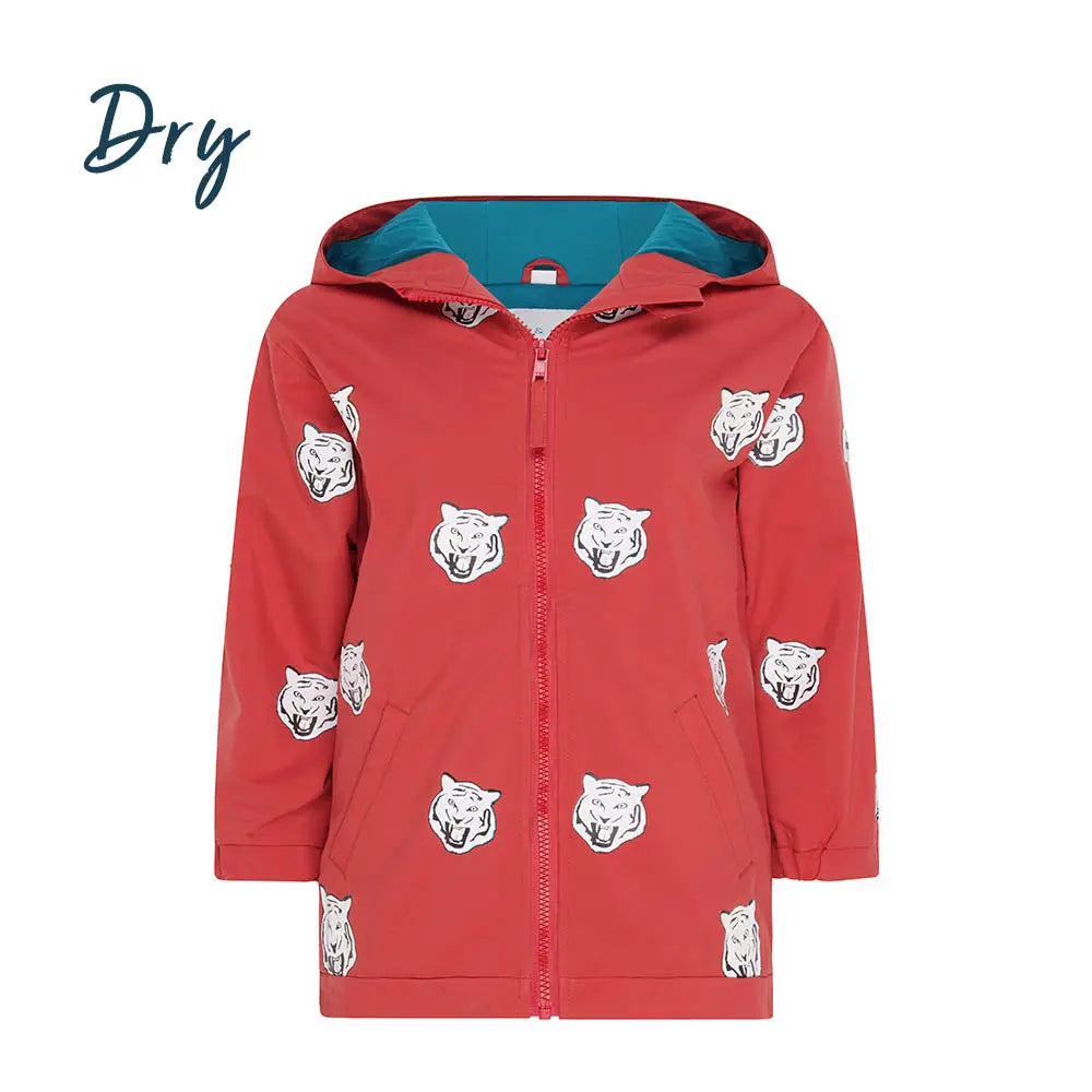 Holly and Beau Front dry view of the red tiger colour changing raincoat