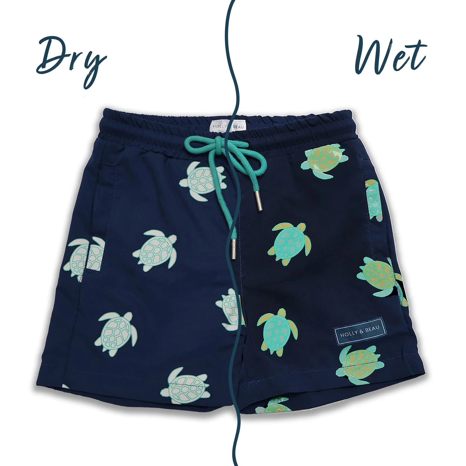 Turtle design wet and dry colour changing swim shorts by Holly and Beau