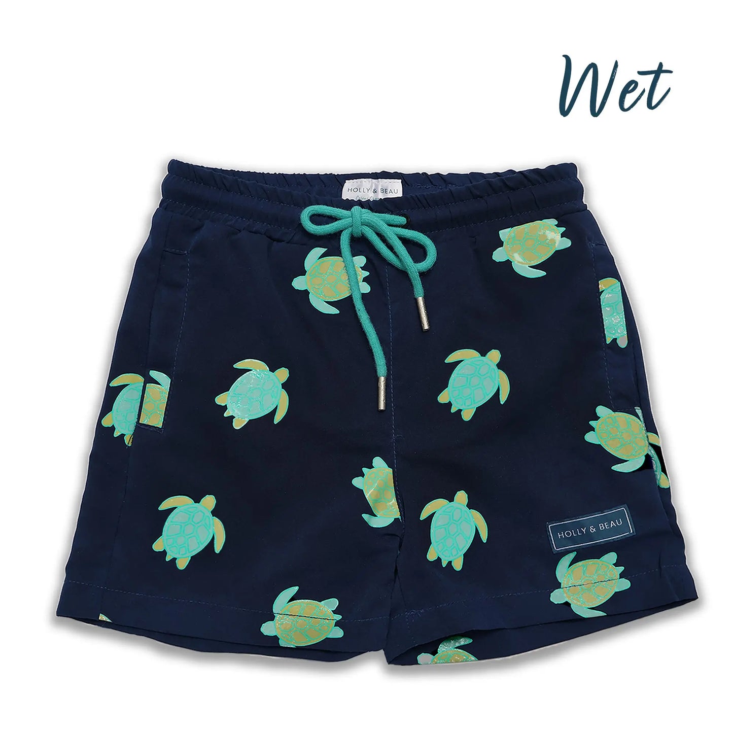 Turtle design front wet colour changing boys swim shorts by Holly and Beau