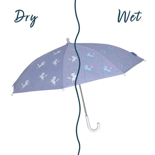 Kids purple unicorn colour changing umbrella by Holly and Beau. Side view of the kids colour changing umbrella with a wet/dry comparison. Stick kids colour changing umbrella.