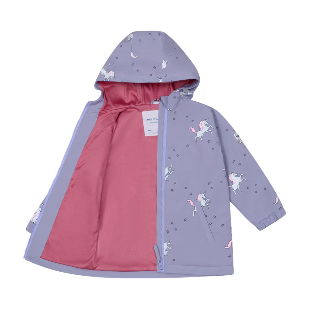 Girls unicorn colour changing raincoat by Holly and Beau. Front dry view showing the lining of the colour changing girls raincoat. Lining is a soft recycled polyester.