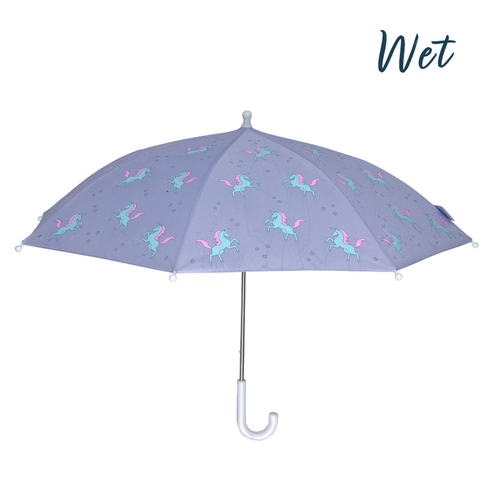 Kids purple unicorn colour changing umbrella by Holly and Beau. Side view of the kids colour changing umbrella with a wet view. Stick kids colour changing umbrella.