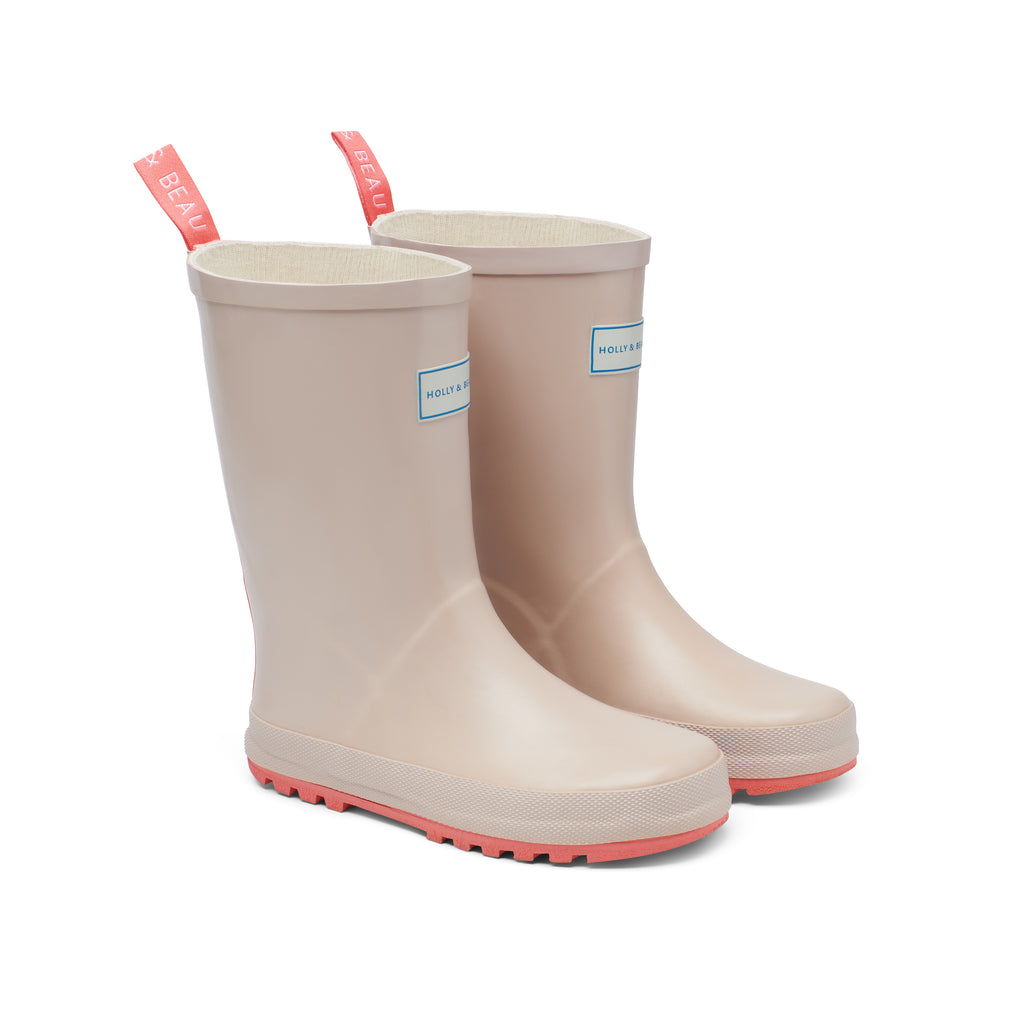 Camel & Coral girls rubber wellies by rainwear brand Holly and Beau. Made from natural rubber, ideal for rainy days and muddy puddles. 
