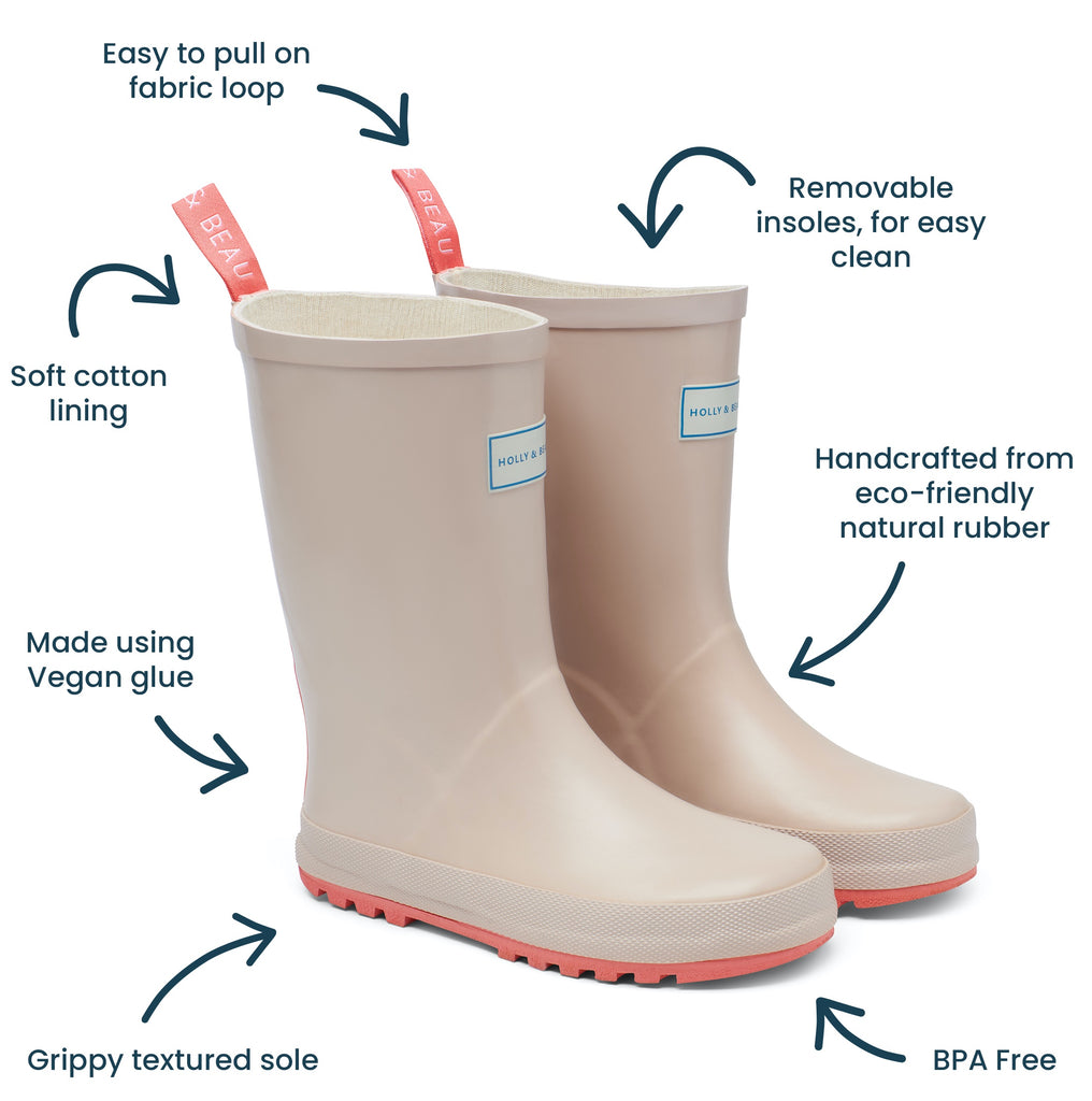 Kids rubber wellies by Holly and Beau. Full descriptions, include BPA free and grippy sole.