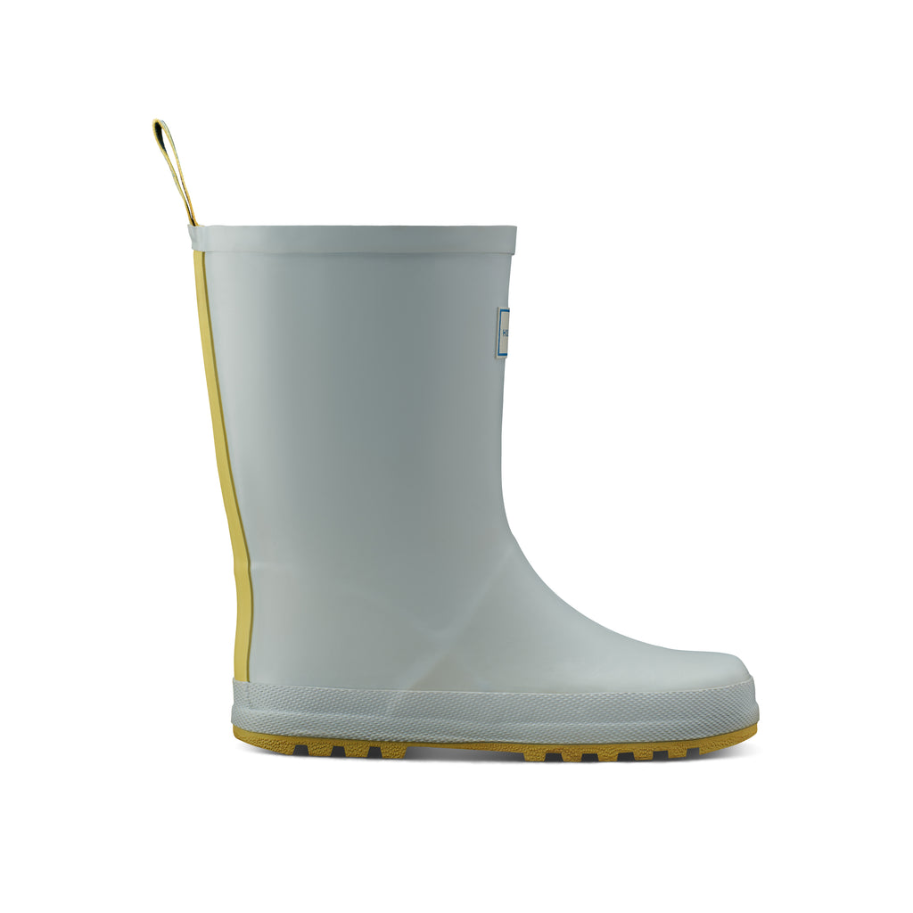 Light blue and yellow rubber girls wellies by rainwear brand Holly and Beau. Made from natural rubber, ideal for rainy days and muddy puddles. A great gift for a little boy and a little girl
