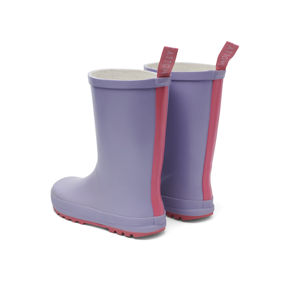 Mauve & Light Pink rubber girls wellies by rainwear brand Holly and Beau. Made from natural rubber, ideal for rainy days and muddy puddles. A great gift for a little boy and a little girl